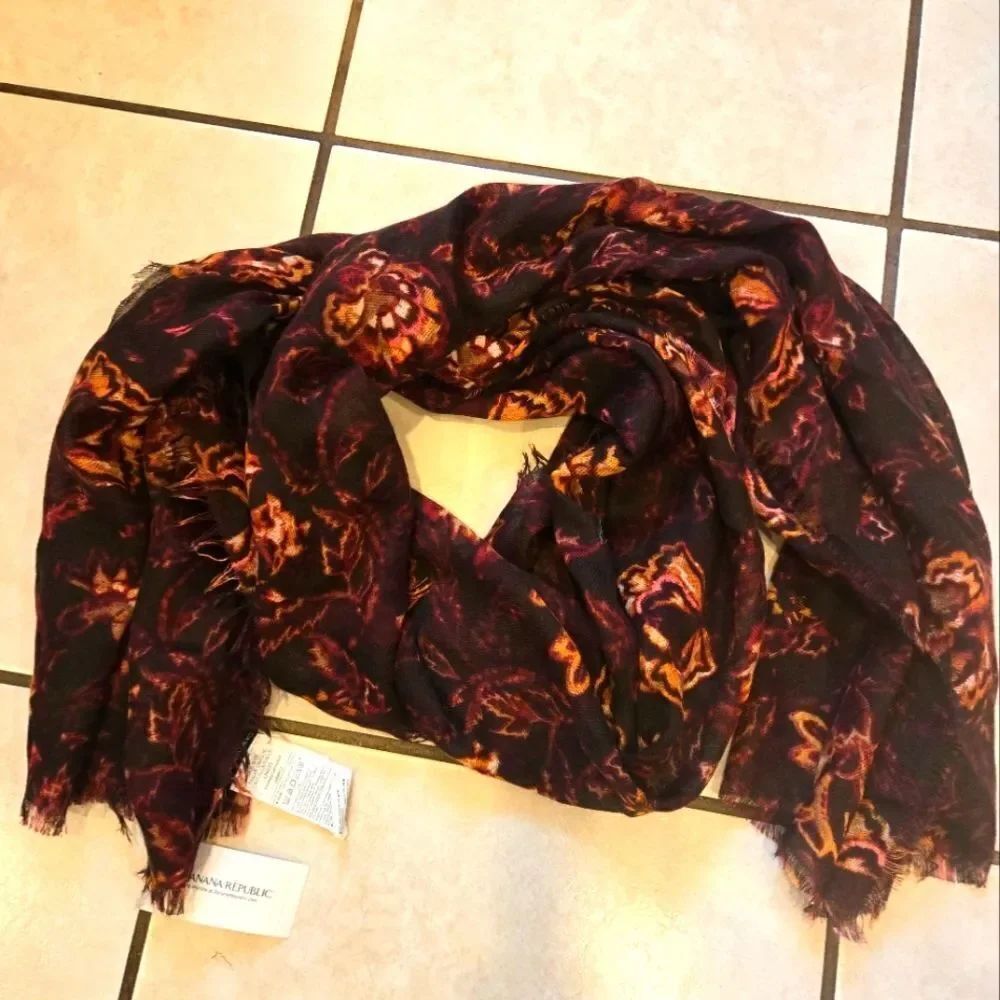 Banana Republic Women's Floral Fringed Scarf - Black and Orange NWT